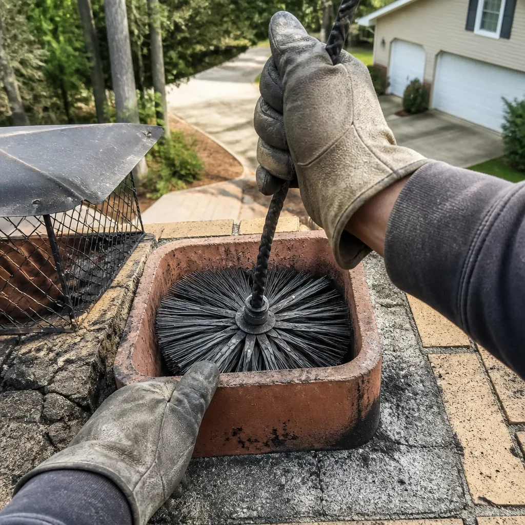 Professional chimney sweep cleaning a fireplace flue from the roof.