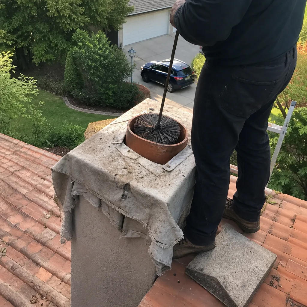 Professional chimney sweep cleaning a residential chimney flue from the roof