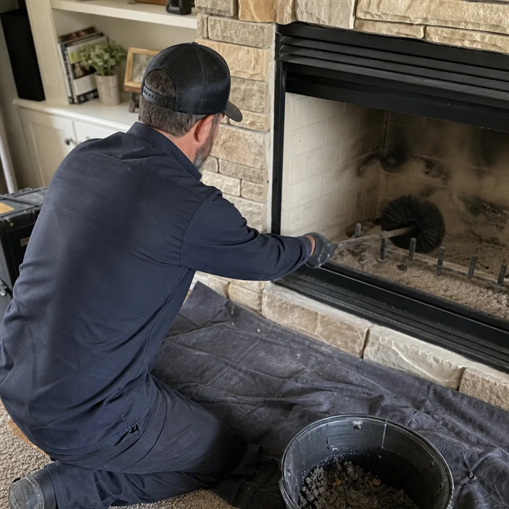 Professional chimney sweep cleaning a fireplace with a chimney brush