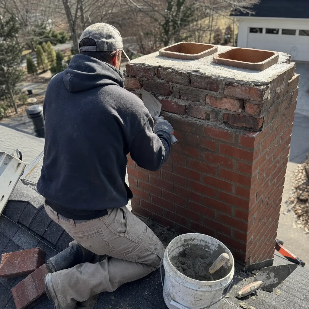 Professional mason performing brick chimney repair and tuckpointing on a residential roof