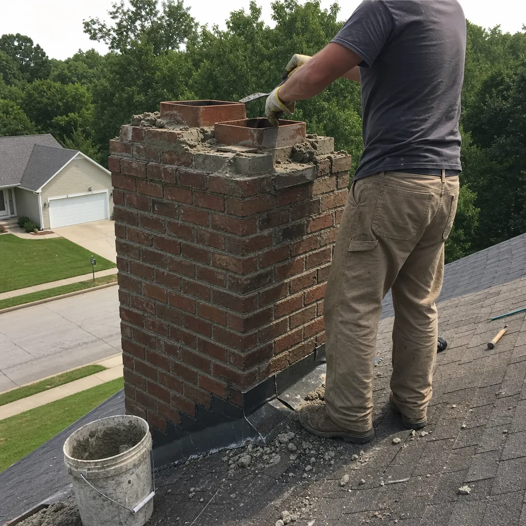 Professional construction worker performing residential chimney repair on a roof