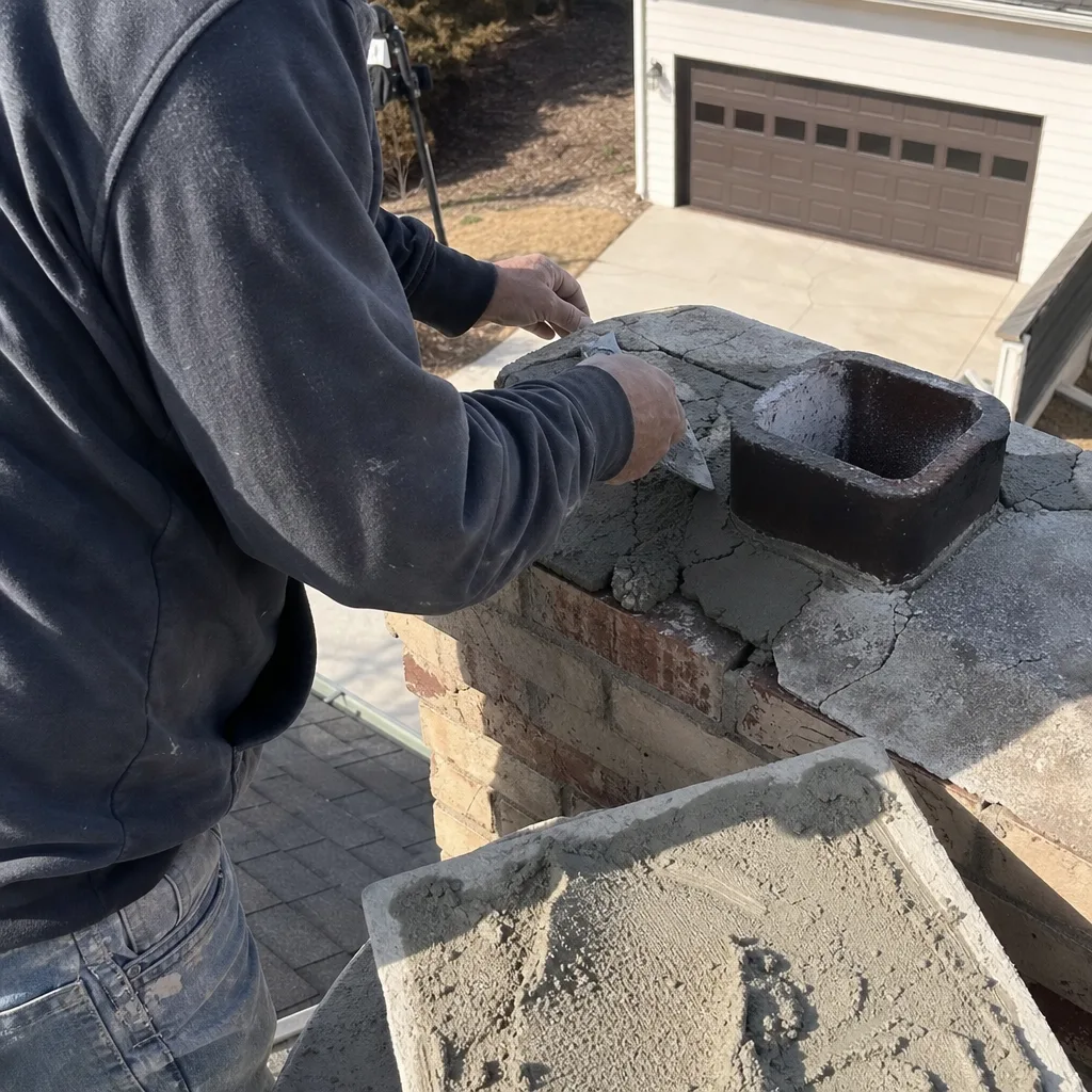 Professional technician repairing a damaged brick chimney crown with mortar